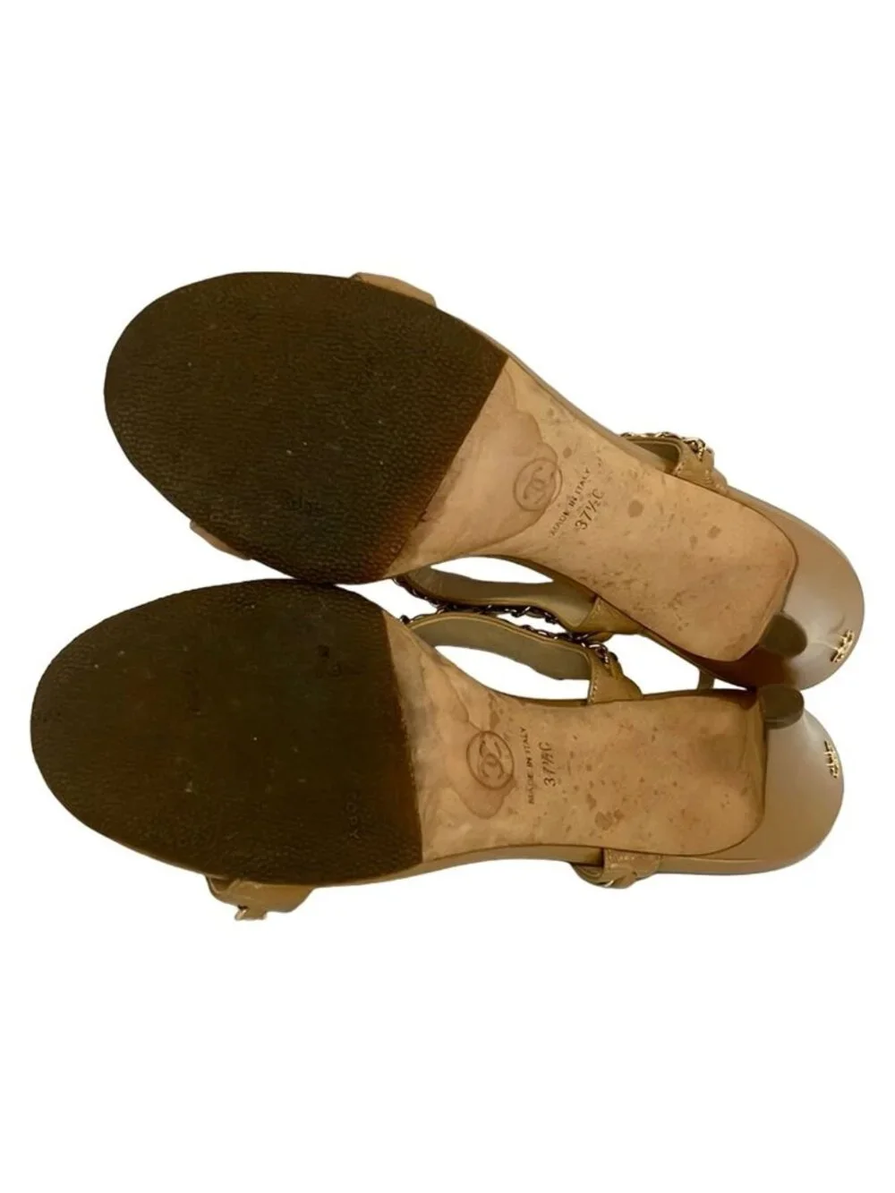 Chanel Sandals 37.5 C Light Brown Gold Chain Leather